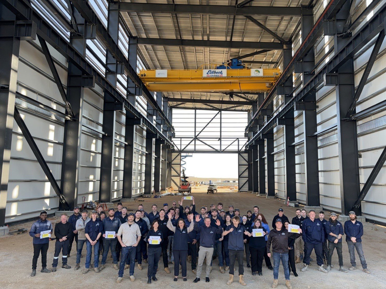 Figure 5: Photo above shows only the 100t crane, there are 2 more 30t cranes to be installed on the lower-level runway beams all of these cranes can service the entire floor area of the building. Building is 70m long, 23m wide and 23m tall.