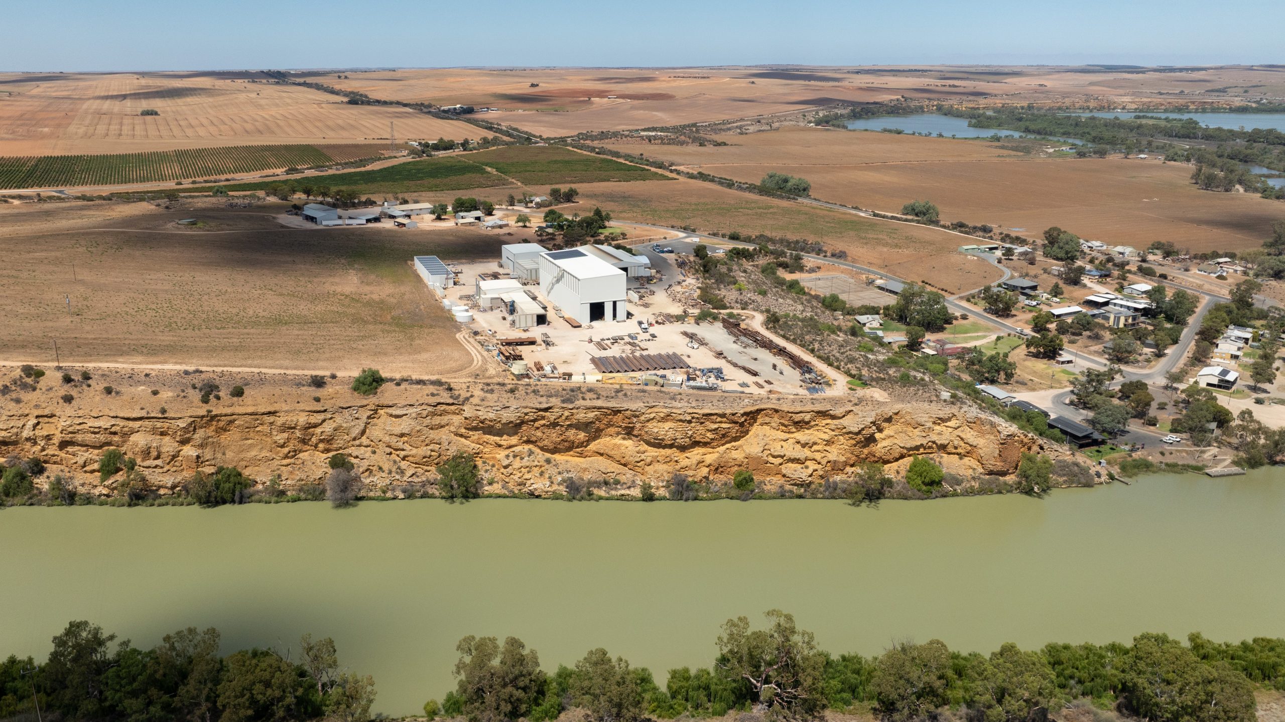 Aerial view of Bowhill Engineering's manufacturing facility situated on the banks of the Murray River, Bowhill, South Australia.